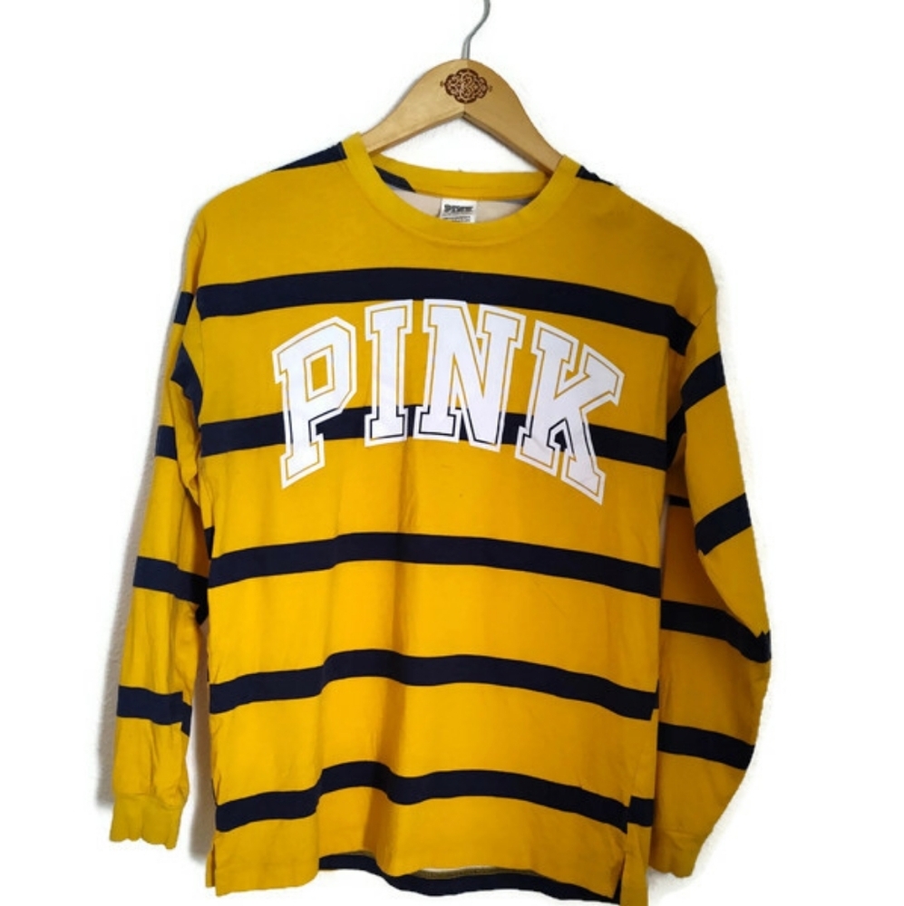 Victoria's Secret Pink Stripe Long Sleeve Shirt Yellow And Navy Medium